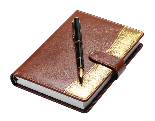 Brown Leather Journal with Gold Accents and Fountain Pen