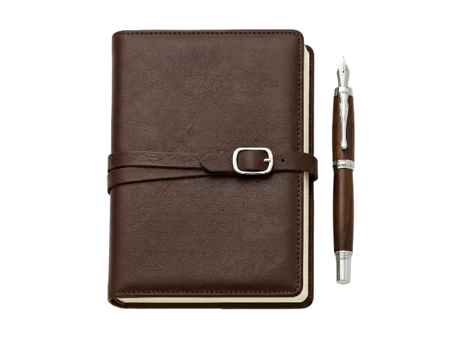 brown leather notebook and wooden fountain pen