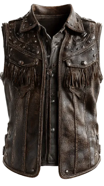 Brown Leather Vest with Fringe and Studs