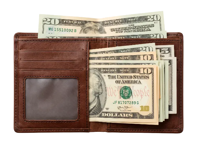 Brown Leather Wallet Filled With American Dollar Banknotes