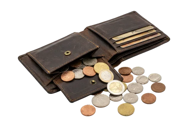 Brown leather wallet overflowing with coins