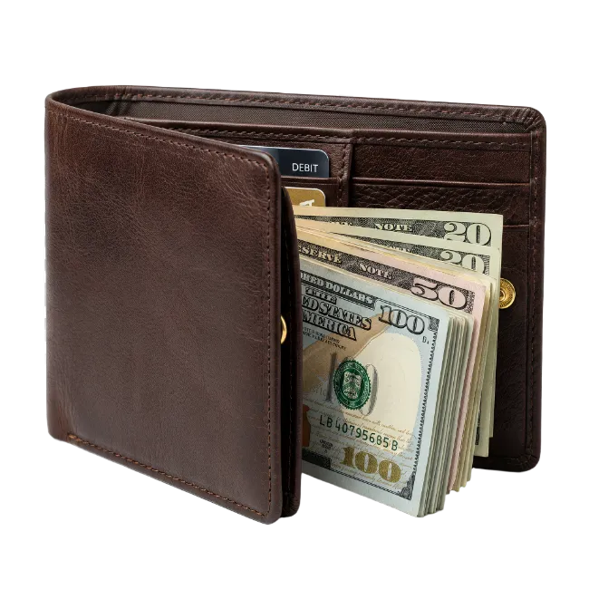 Brown Leather Wallet with Cash and Cards