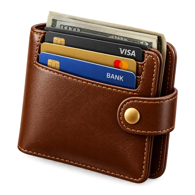 Brown Leather Wallet with Credit Cards and Dollar Bills