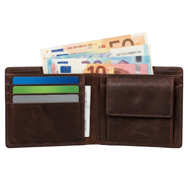 Brown Leather Wallet with Euro Banknotes and Cards