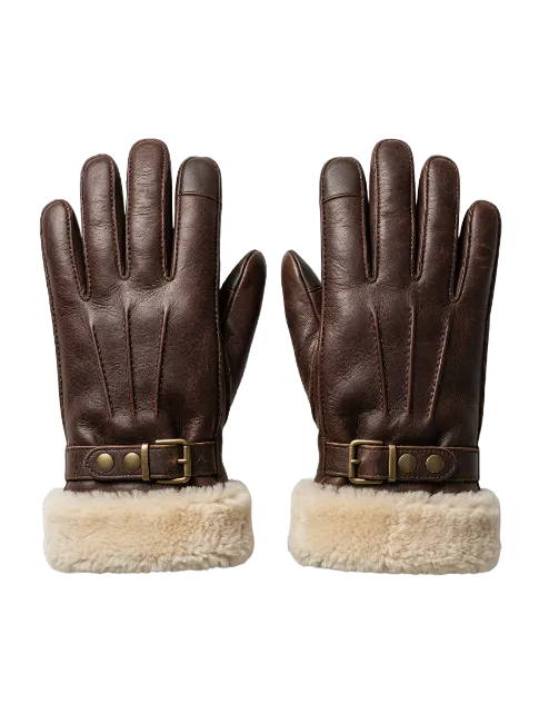 Brown leather winter gloves with fur cuffs