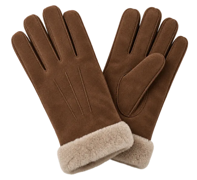 Brown Leather Winter Gloves with Fur Trim