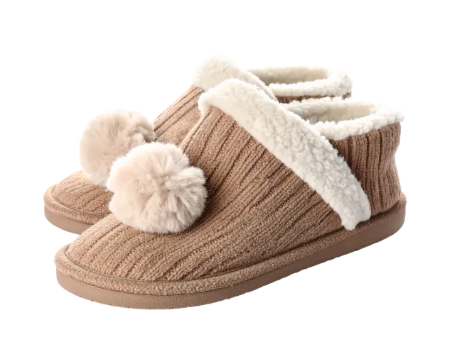 Brown Slippers with Pom Poms