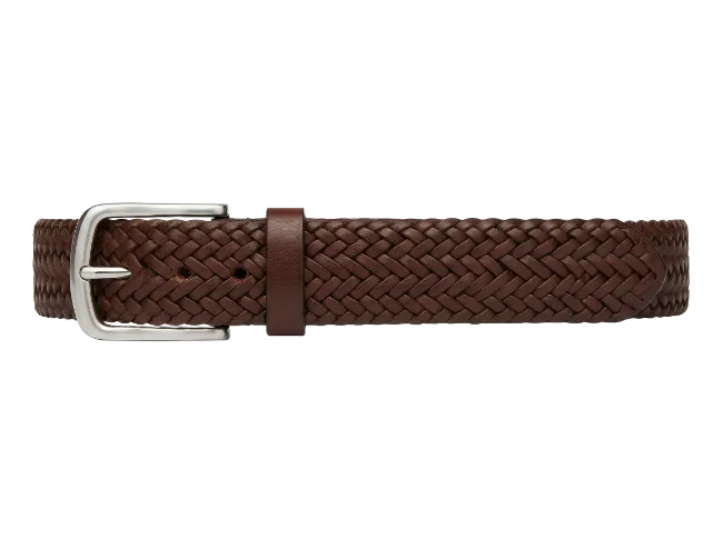 Brown Woven Leather Belt with Silver Buckle