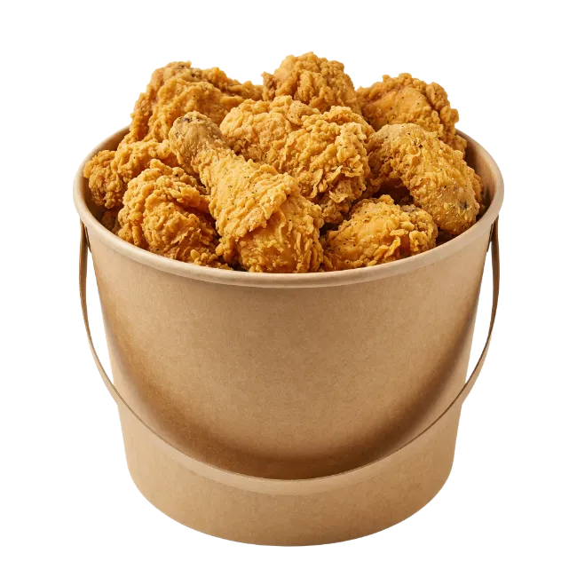 Bucket of crispy fried chicken pieces
