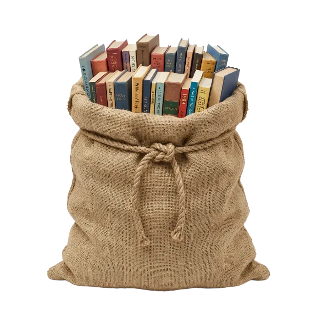 Burlap sack filled with old hardcover books