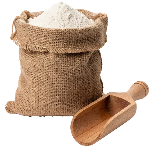 Burlap sack filled with white flour and a wooden scoop