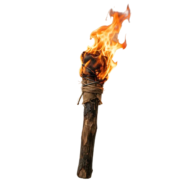 Burning wooden torch with bright flame