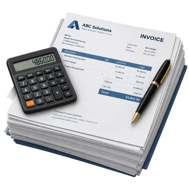 Business Invoice Papers with Calculator and Pen