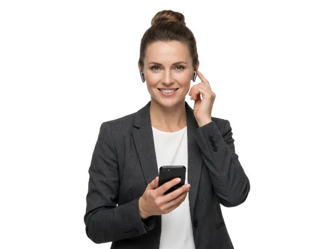 Business woman using smartphone and wireless earbuds