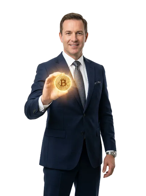 Businessman Holding Glowing Bitcoin Currency