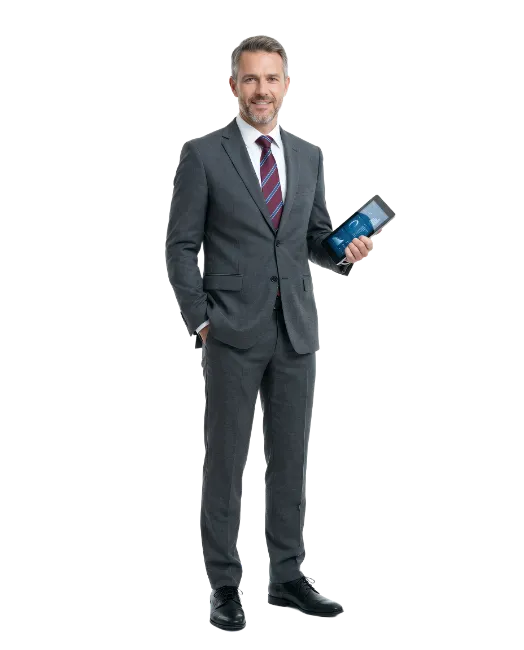 Businessman in grey suit holding a digital tablet