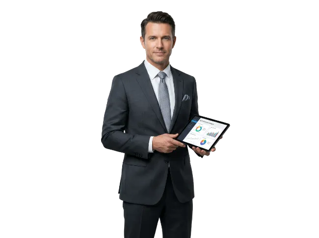 Businessman in Suit Holding Tablet with Charts