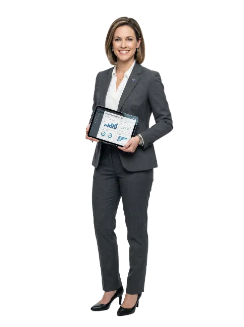 Businesswoman holding a tablet displaying charts