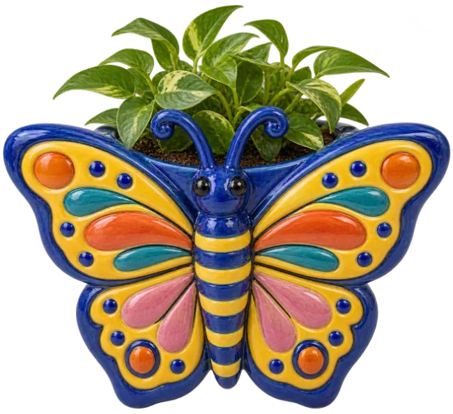 Butterfly Shaped Ceramic Planter with Green Plant