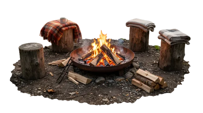 Campfire Pit with Wooden Stools and Blankets