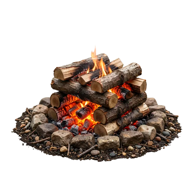 Campfire with Burning Wood Logs and Stones