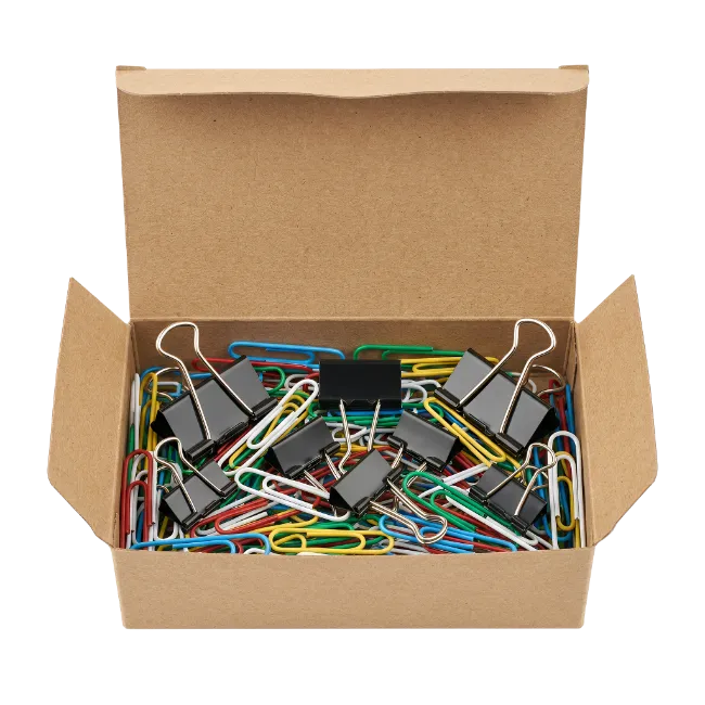 Cardboard Box Filled With Assorted Paper Clips