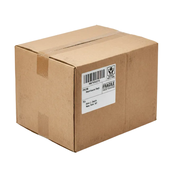 Cardboard shipping box with fragile label
