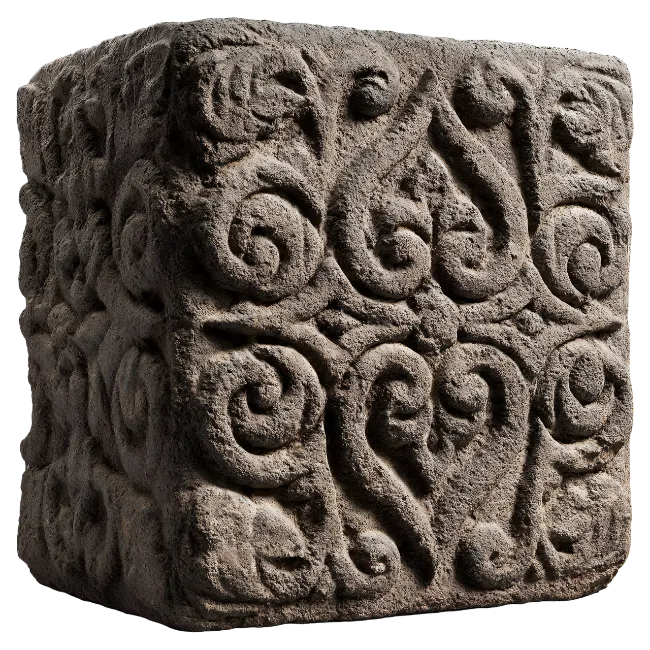 Carved Stone Block with Ancient Floral Relief Pattern