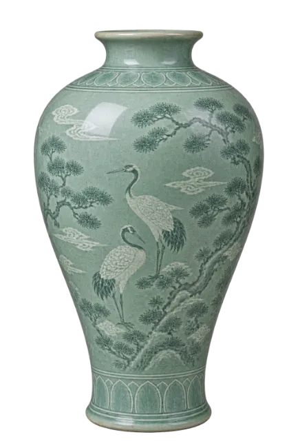 Celadon Vase with Cranes and Pine Trees