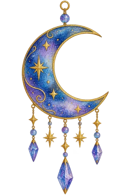 Celestial Crescent Moon Ornament with Stars and Crystals