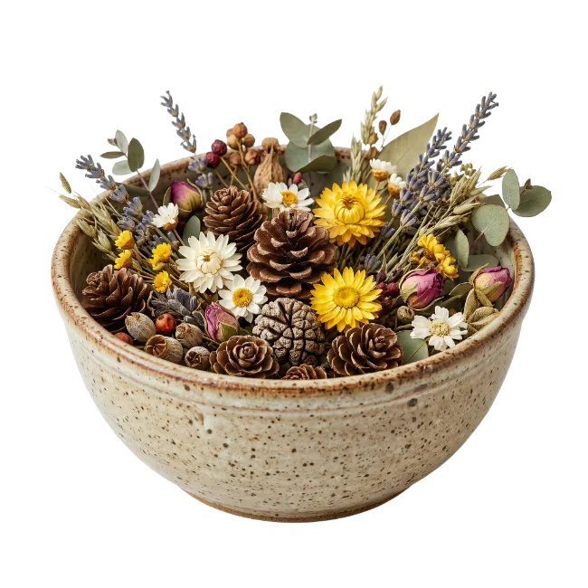 Ceramic Bowl Filled with Dried Flowers and Pinecones