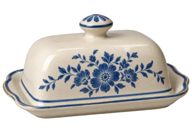 Ceramic Butter Dish with Blue Floral Pattern