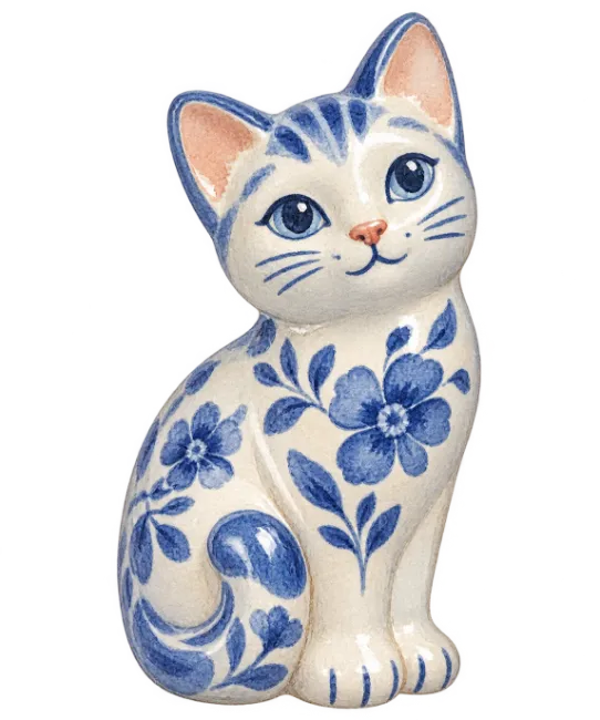 Ceramic Cat Figurine with Blue Floral Pattern Illustration