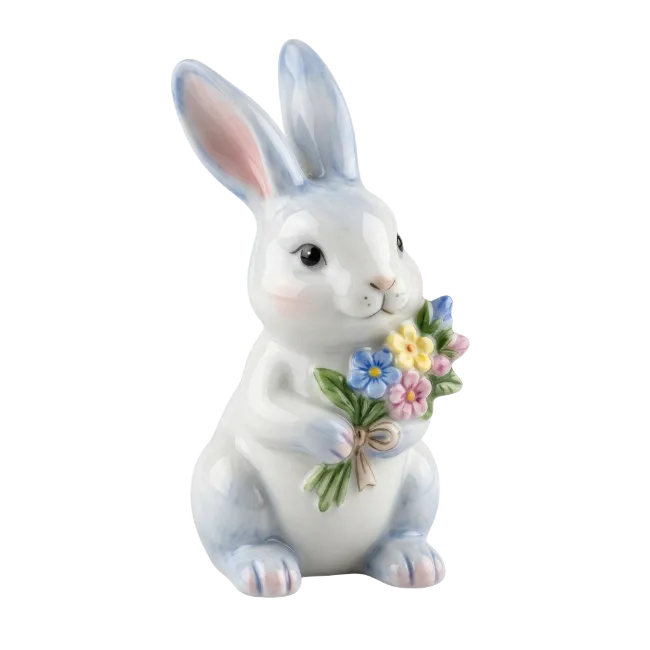 Ceramic Easter Rabbit Figurine Holding Flowers