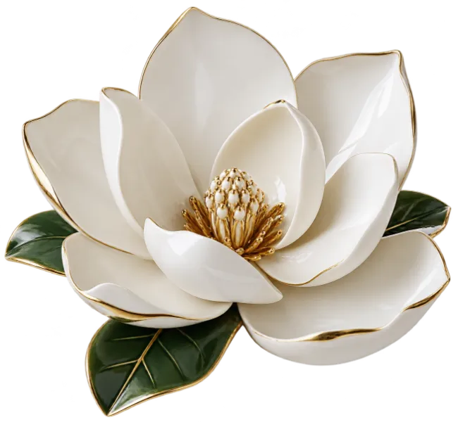 Ceramic Magnolia Flower Sculpture with Gold Trim