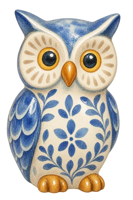 Ceramic Owl Figurine with Blue Floral Pattern Illustration