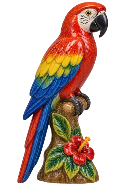 Ceramic Scarlet Macaw Figurine Perched on Tree Trunk