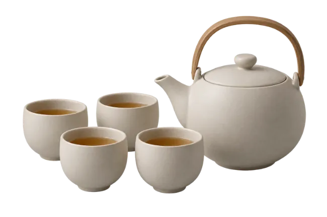 Ceramic Teapot and Four Cups with Tea