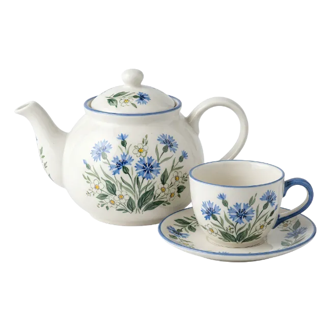 Ceramic Teapot and Teacup Set with Blue Floral Pattern