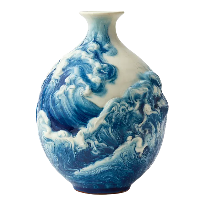 Ceramic Vase with Blue Wave Relief Art