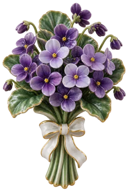 Ceramic Violet Bouquet Brooch with White Bow