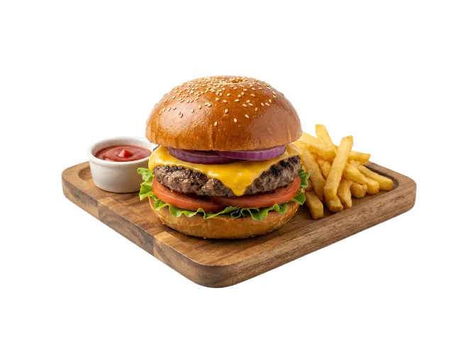 Cheeseburger Meal with French Fries and Ketchup