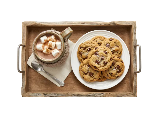 Chocolate chip cookies and hot cocoa with marshmallows