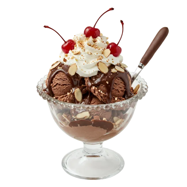 Chocolate Sundae with Whipped Cream and Cherries
