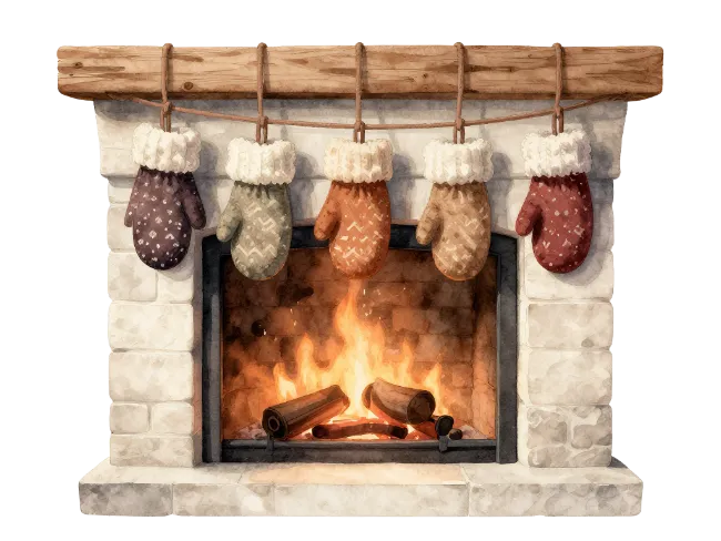 Christmas Fireplace with Mittens