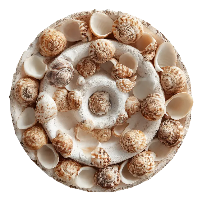 Circular arrangement of seashells on a white surface