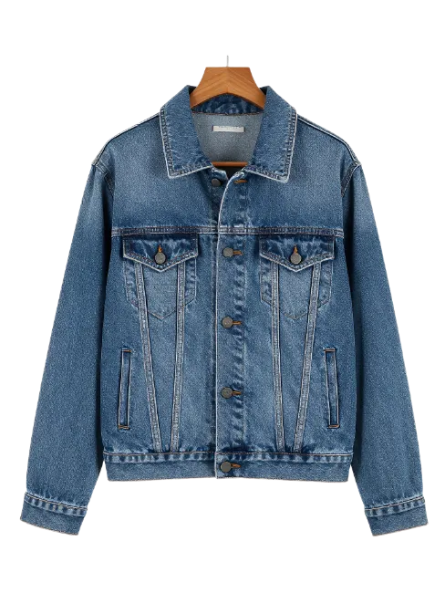 Classic Blue Denim Jacket on Wooden Hanger