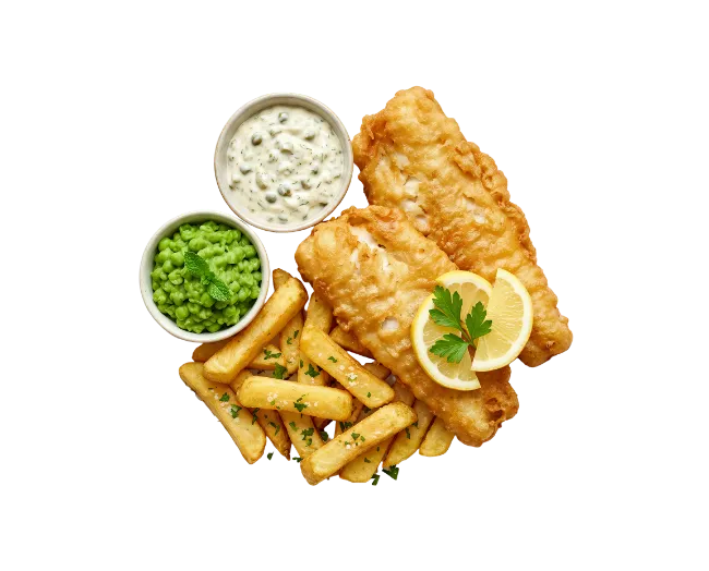 Classic British Fish and Chips with Peas and Tartar Sauce