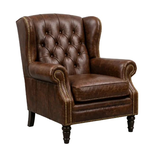 Classic Brown Leather Wingback Armchair