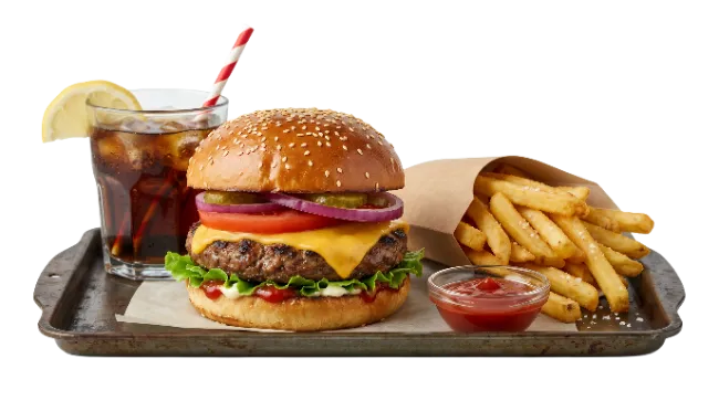 Classic Cheeseburger Meal With Fries And Cola